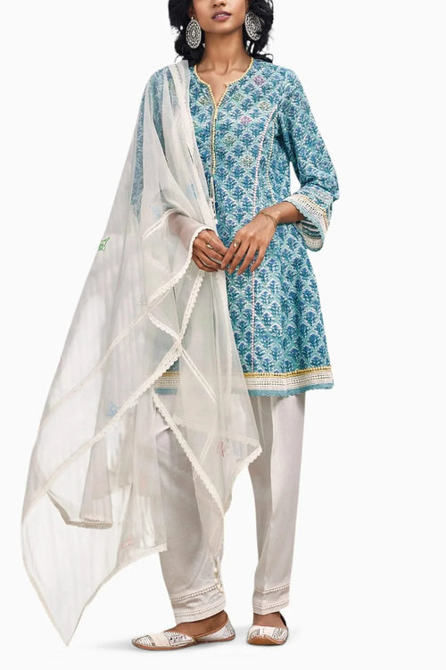 Block Print Short Anarkali Set With Dupatta