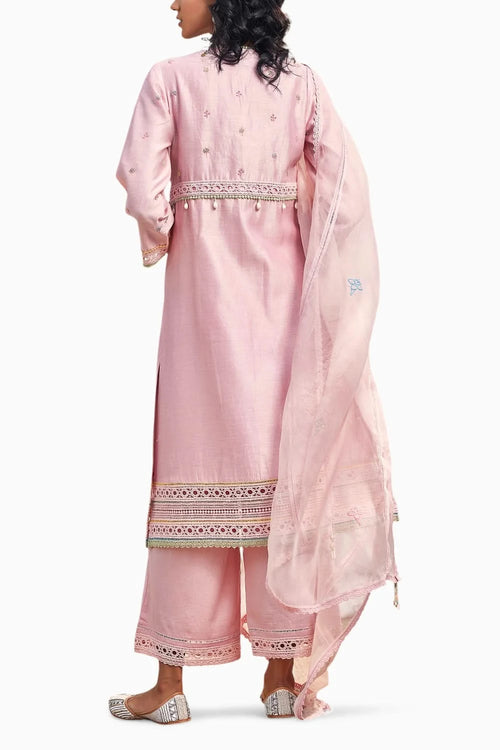 Blush Pink A-line Kurta Set With Yellow Dupatta