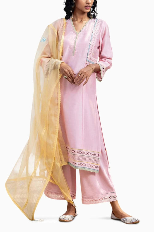 Blush Pink A-line Kurta Set With Yellow Dupatta