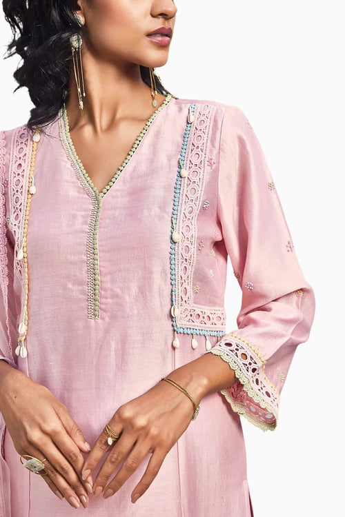 Blush Pink A-line Kurta Set With Yellow Dupatta