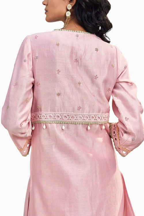 Blush Pink A-line Kurta Set With Yellow Dupatta