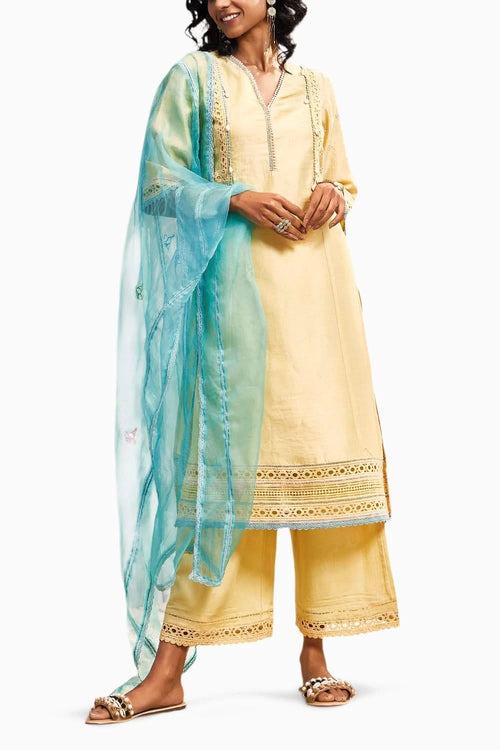 Sunshine Yellow A-line Kurta Set With Blue Dupatta