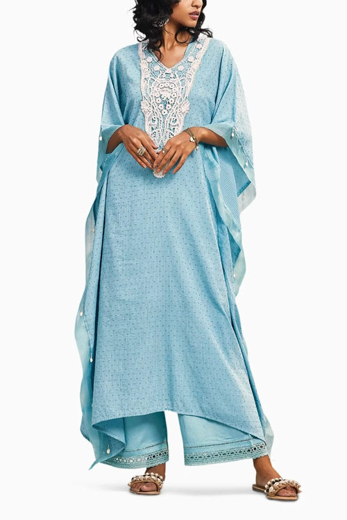 Breezy Tropical Blue Cotton Kaftan Set