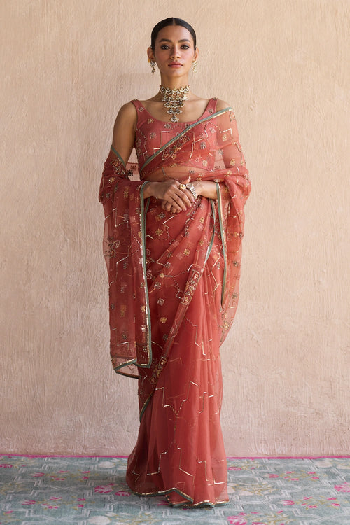 Orange Patiala Hand Embroidered Saree