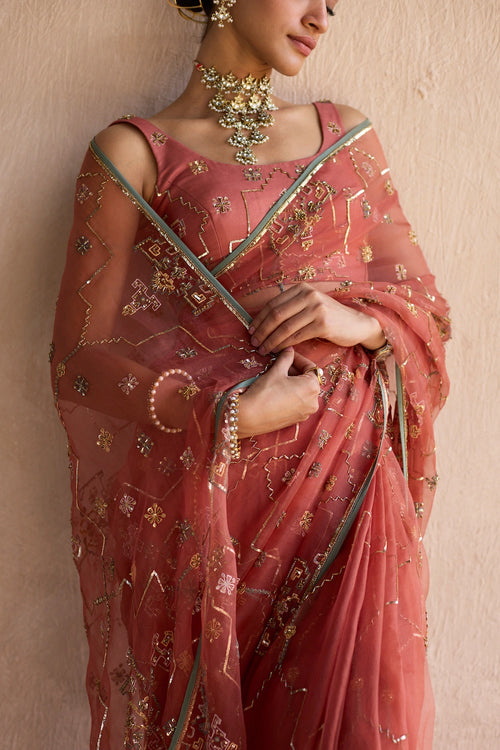 Orange Patiala Hand Embroidered Saree