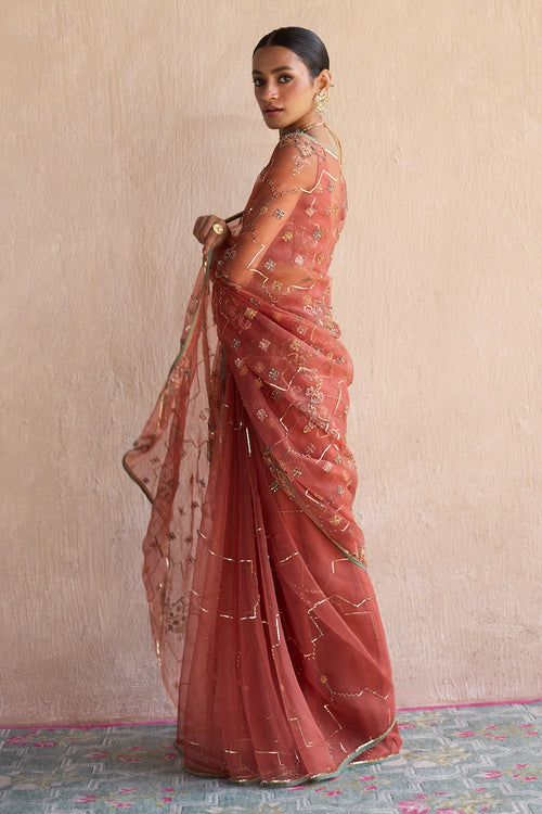 Orange Patiala Hand Embroidered Saree