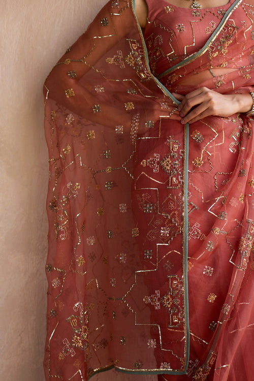 Orange Patiala Hand Embroidered Saree