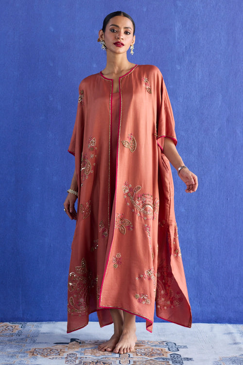 Orange Kaftan Hand Embroidered Jacket Set