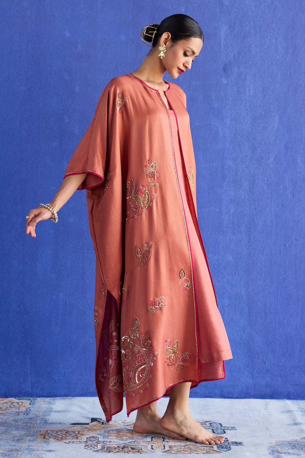 Orange Kaftan Hand Embroidered Jacket Set