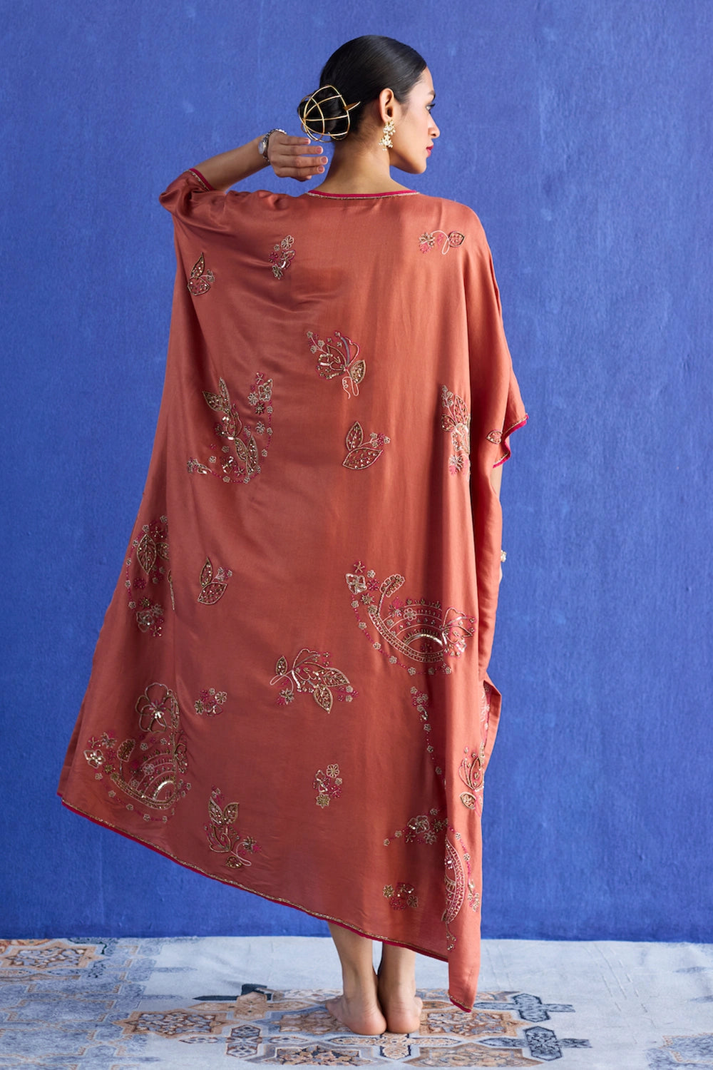 Orange Kaftan Hand Embroidered Jacket Set