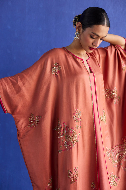 Orange Kaftan Hand Embroidered Jacket Set