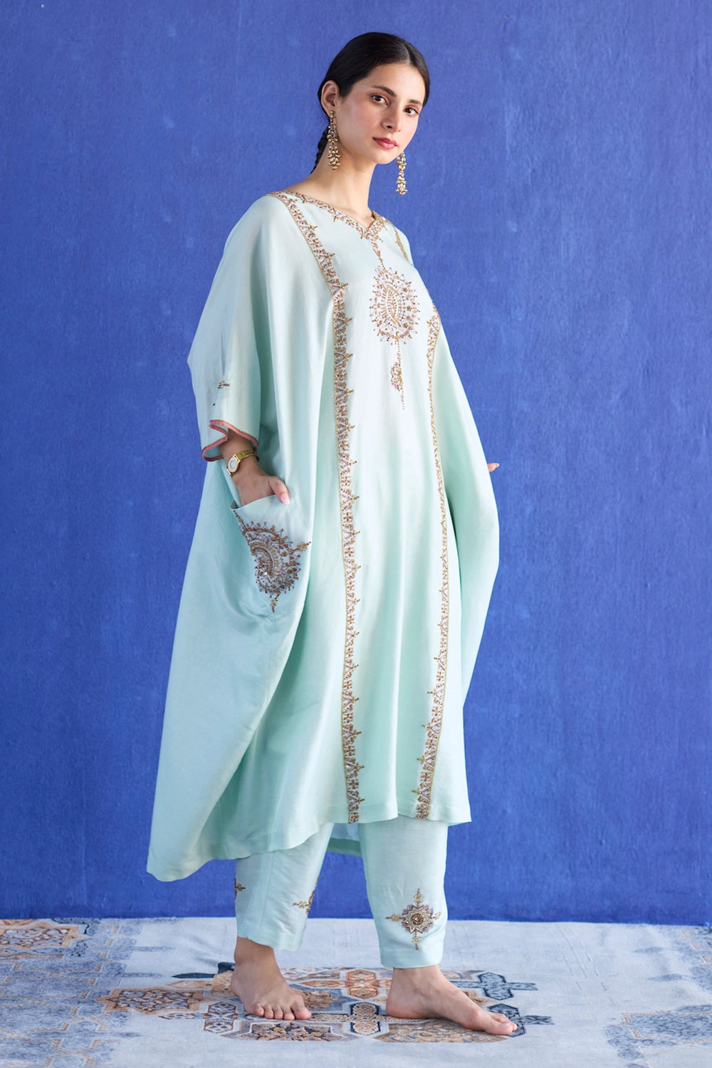 Blue Bindi Hand Embroidered Kaftan Suit Set