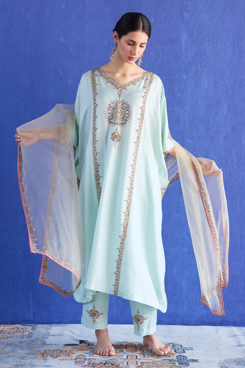 Blue Bindi Hand Embroidered Kaftan Suit Set