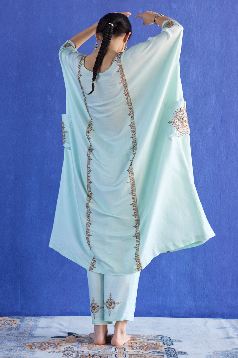 Blue Bindi Hand Embroidered Kaftan Suit Set