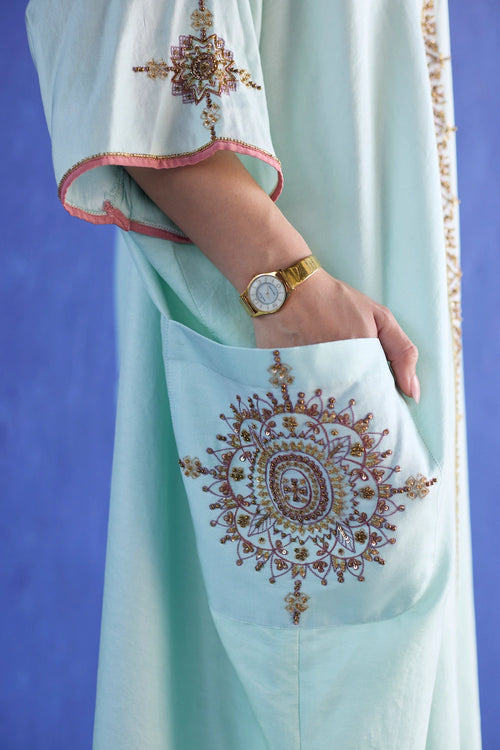 Blue Bindi Hand Embroidered Kaftan Suit Set