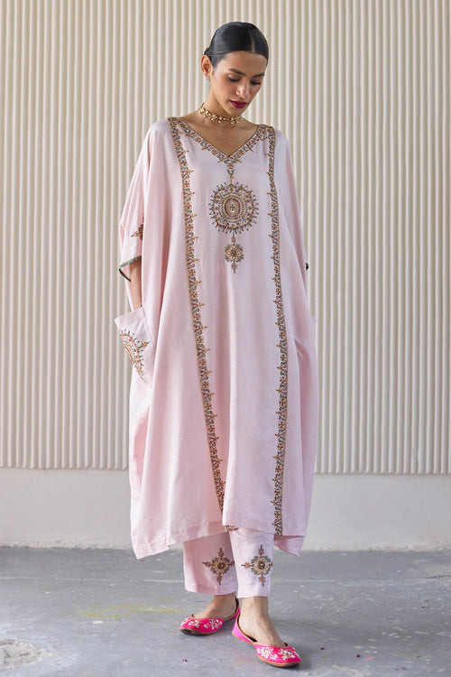 Pink Bindi Hand Embroidered Kaftan Suit Set