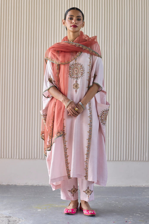 Pink Bindi Hand Embroidered Kaftan Suit Set