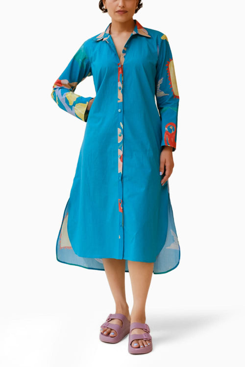 Summer Child Printed Shirt Dress in Teal