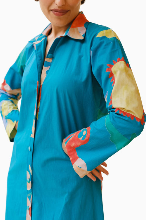Summer Child Printed Shirt Dress in Teal