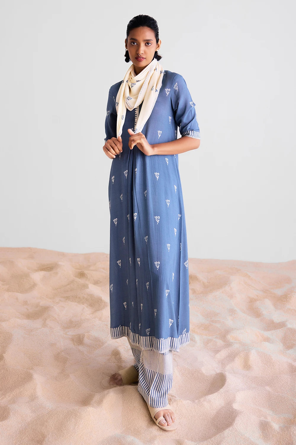Blue Grey Kurta Set With Scarf
