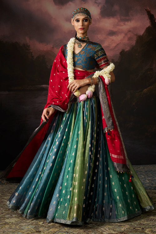 Soha Deep Red With Teal Border Dupatta