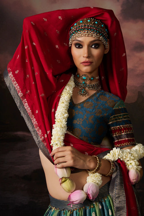 Inaya Teal Red Lehenga Set