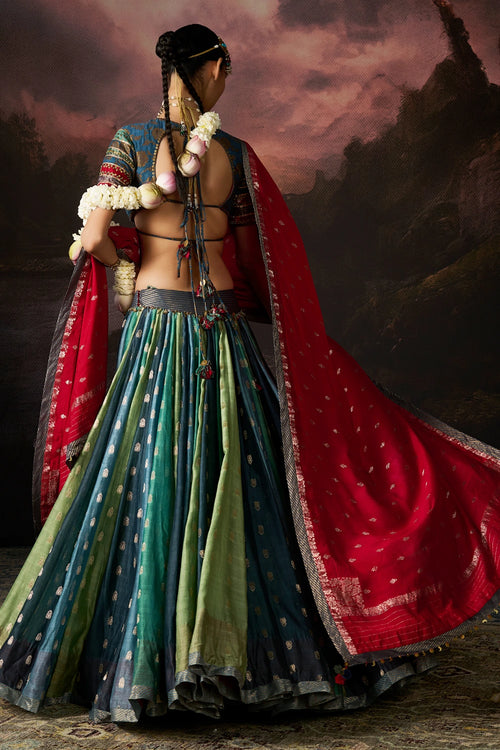Inaya Teal Red Lehenga Set