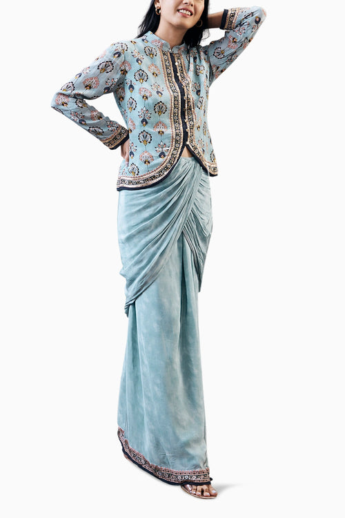Sarouk Printed Drape Skirt With Embroidered Top