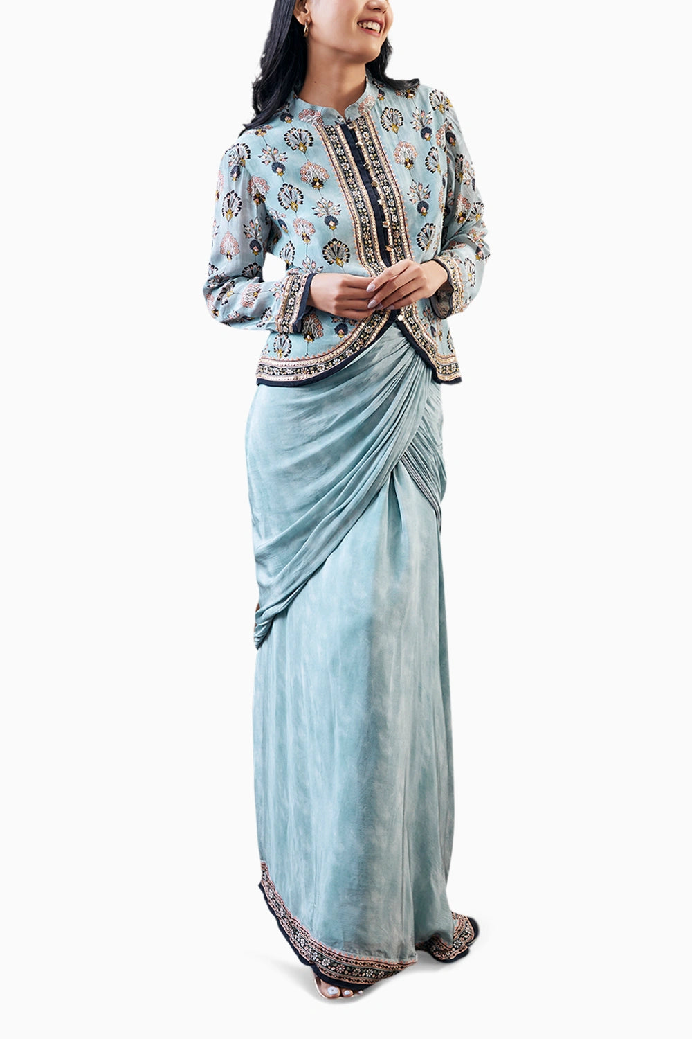 Sarouk Printed Drape Skirt With Embroidered Top