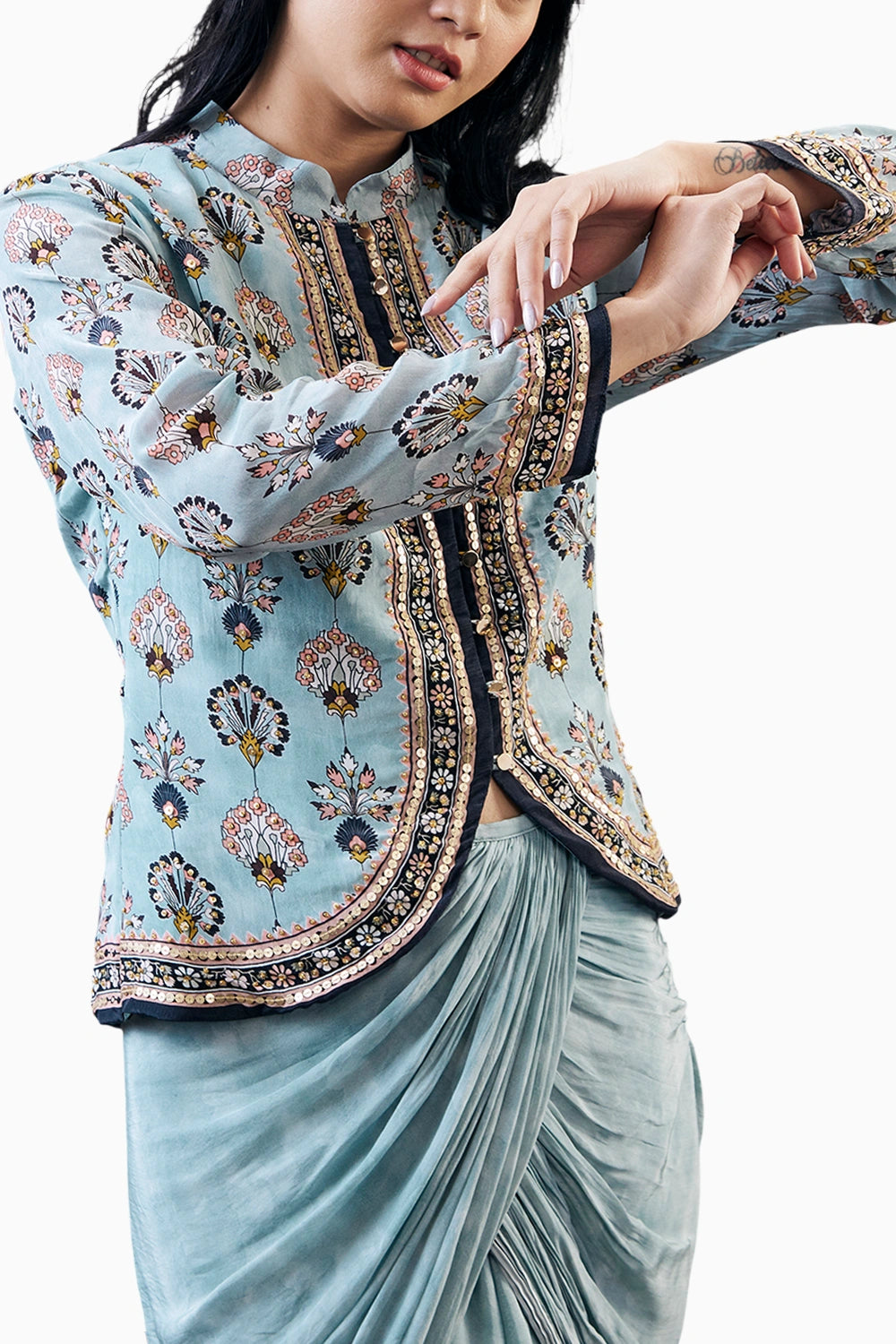 Sarouk Printed Drape Skirt With Embroidered Top