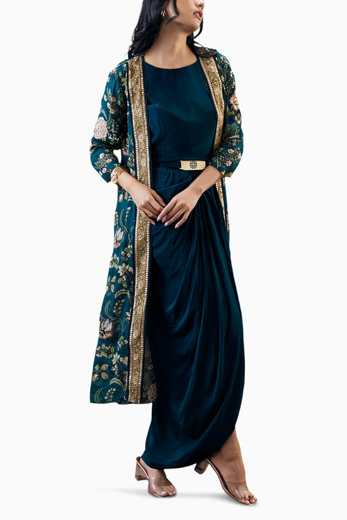Mehra Drape Dress With Printed Jacket