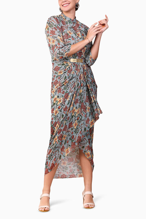 Azalea Printed Sequin Drape Dress With Metal Belt