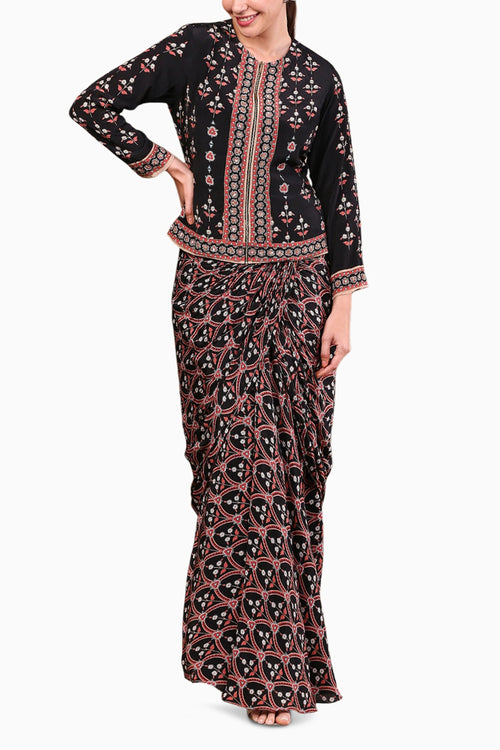 Folklore Printed Drape Skirt With Jacket