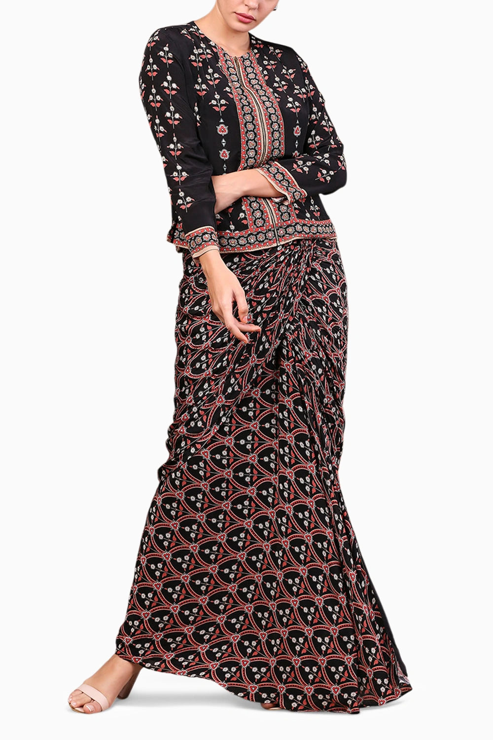 Folklore Printed Drape Skirt With Jacket