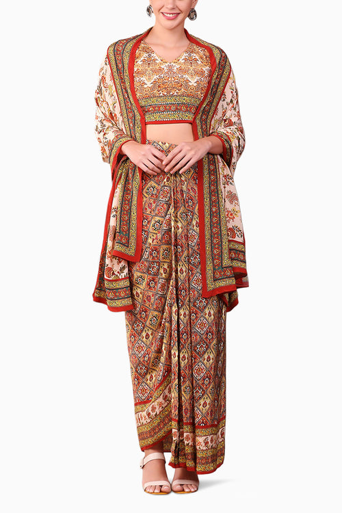 Folklore Printed Drape Skirt Set With Dupatta