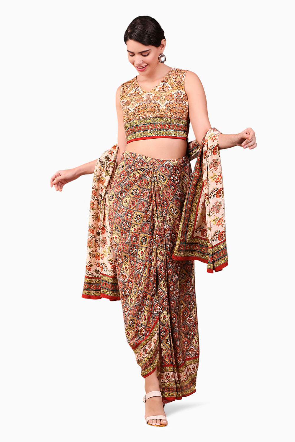 Folklore Printed Drape Skirt Set With Dupatta