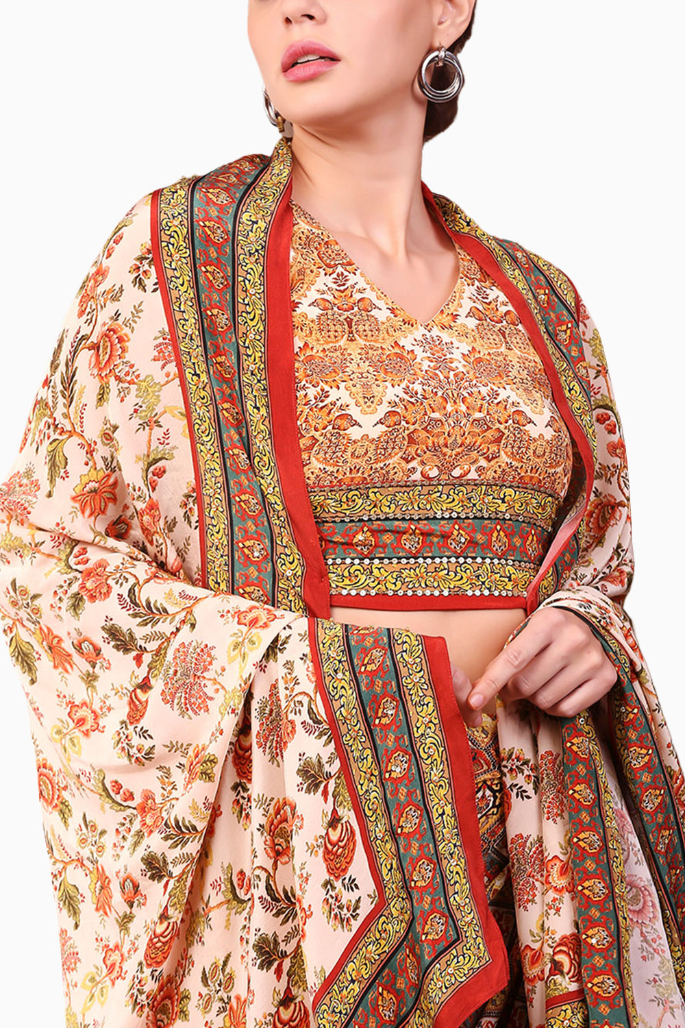 Folklore Printed Drape Skirt Set With Dupatta