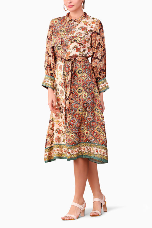 Folklore Printed Shirt Dress With Waist Tie-Up