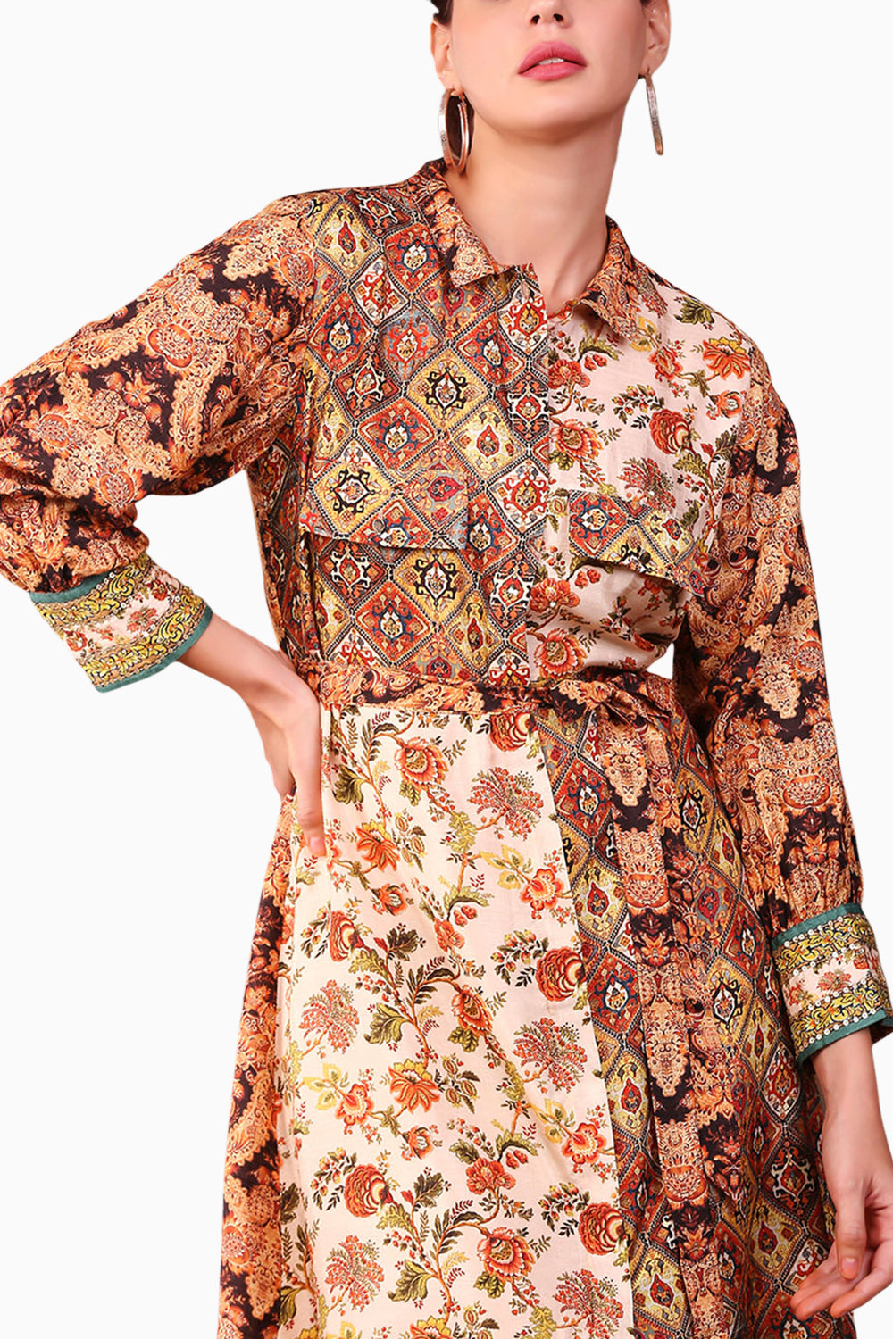 Folklore Printed Shirt Dress With Waist Tie-Up