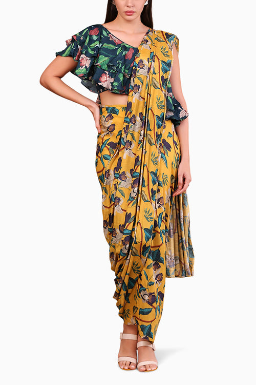 Orchid Bloom Printed Pre-Stitched Saree With Crop Top