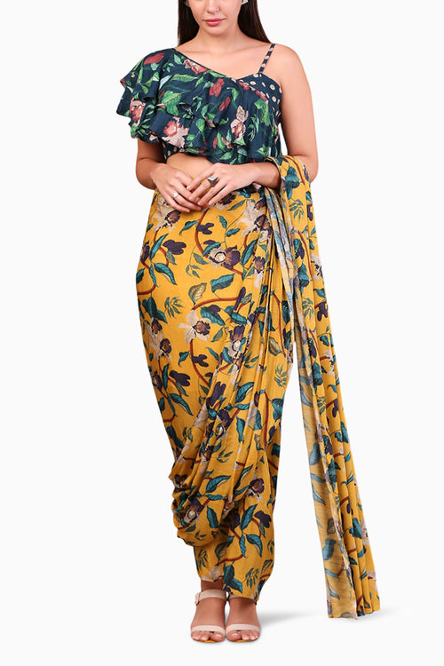 Orchid Bloom Printed Pre-Stitched Saree With Crop Top