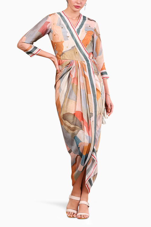 Conversational Printed Overlap Drape Dress