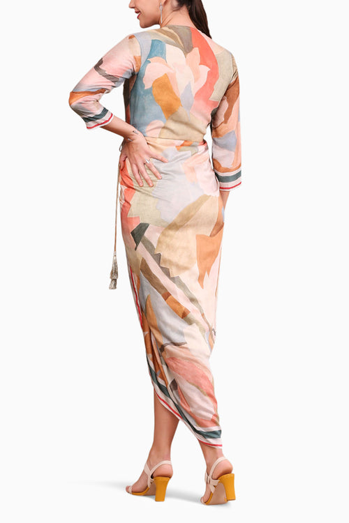 Conversational Printed Overlap Drape Dress