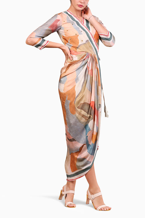 Conversational Printed Overlap Drape Dress