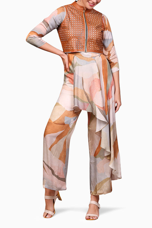Conversational Printed Jumpsuit With Leather Jacket