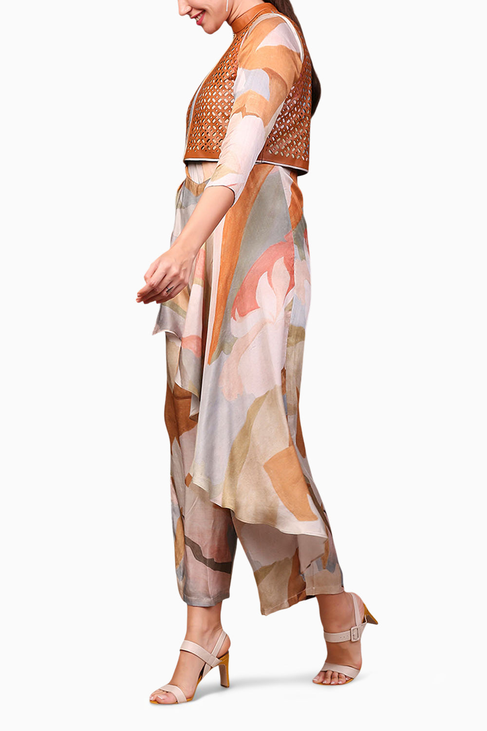 Conversational Printed Jumpsuit With Leather Jacket