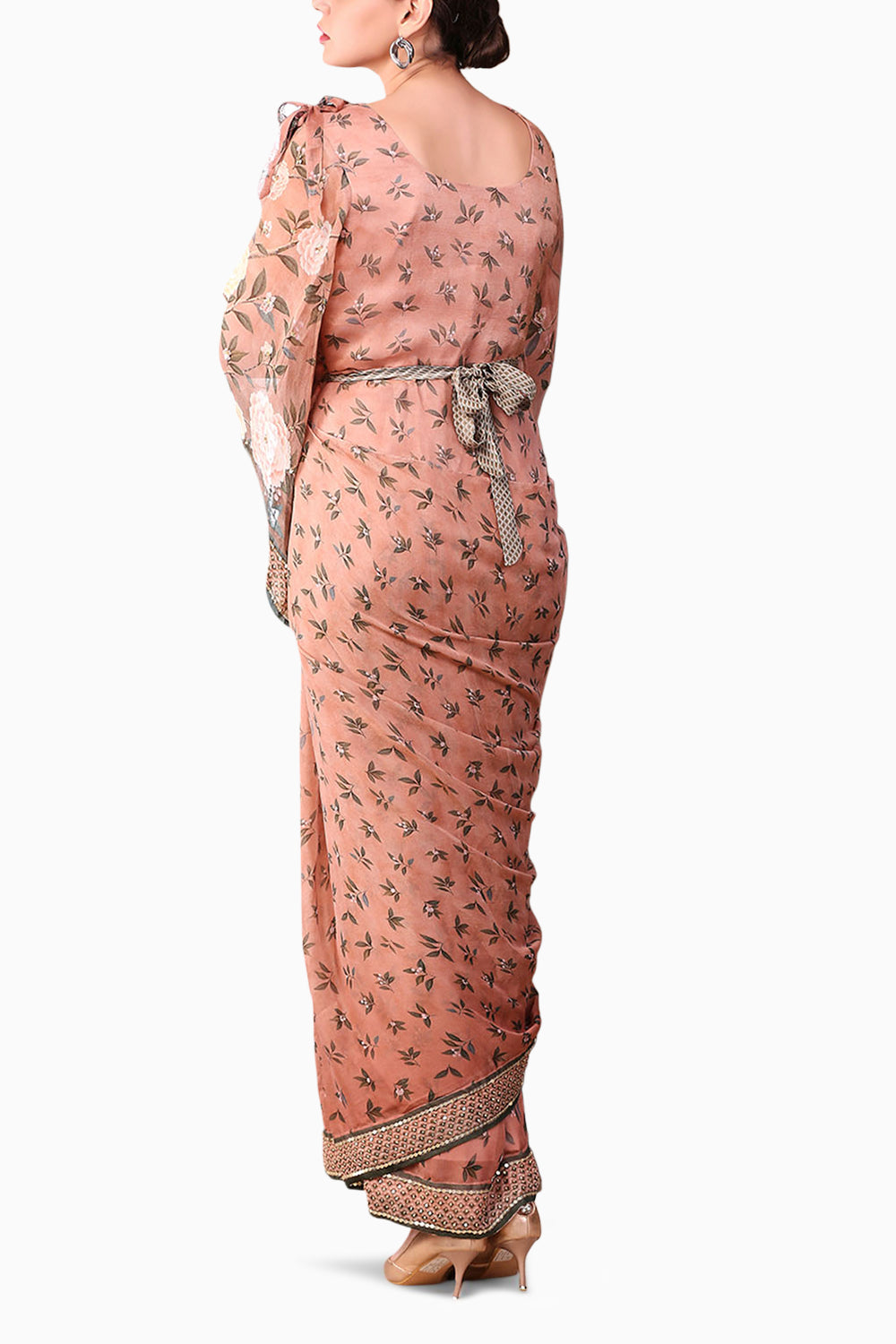 Vintage Trails Printed Pre-Stitched Peach Saree Dress With Metal Belt