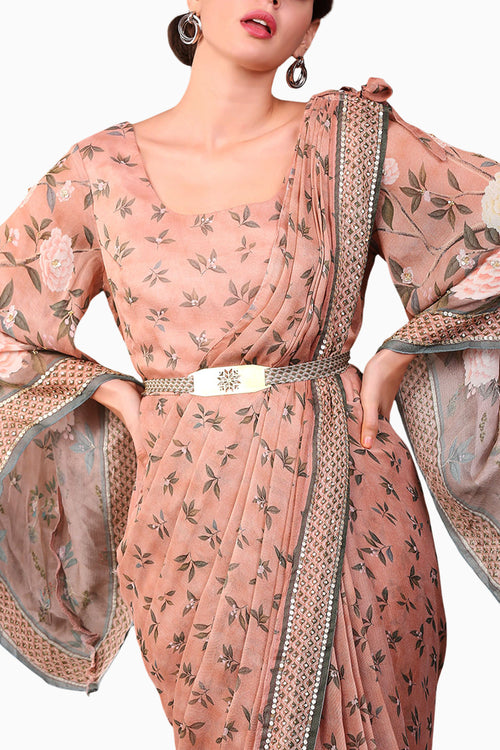 Vintage Trails Printed Pre-Stitched Peach Saree Dress With Metal Belt