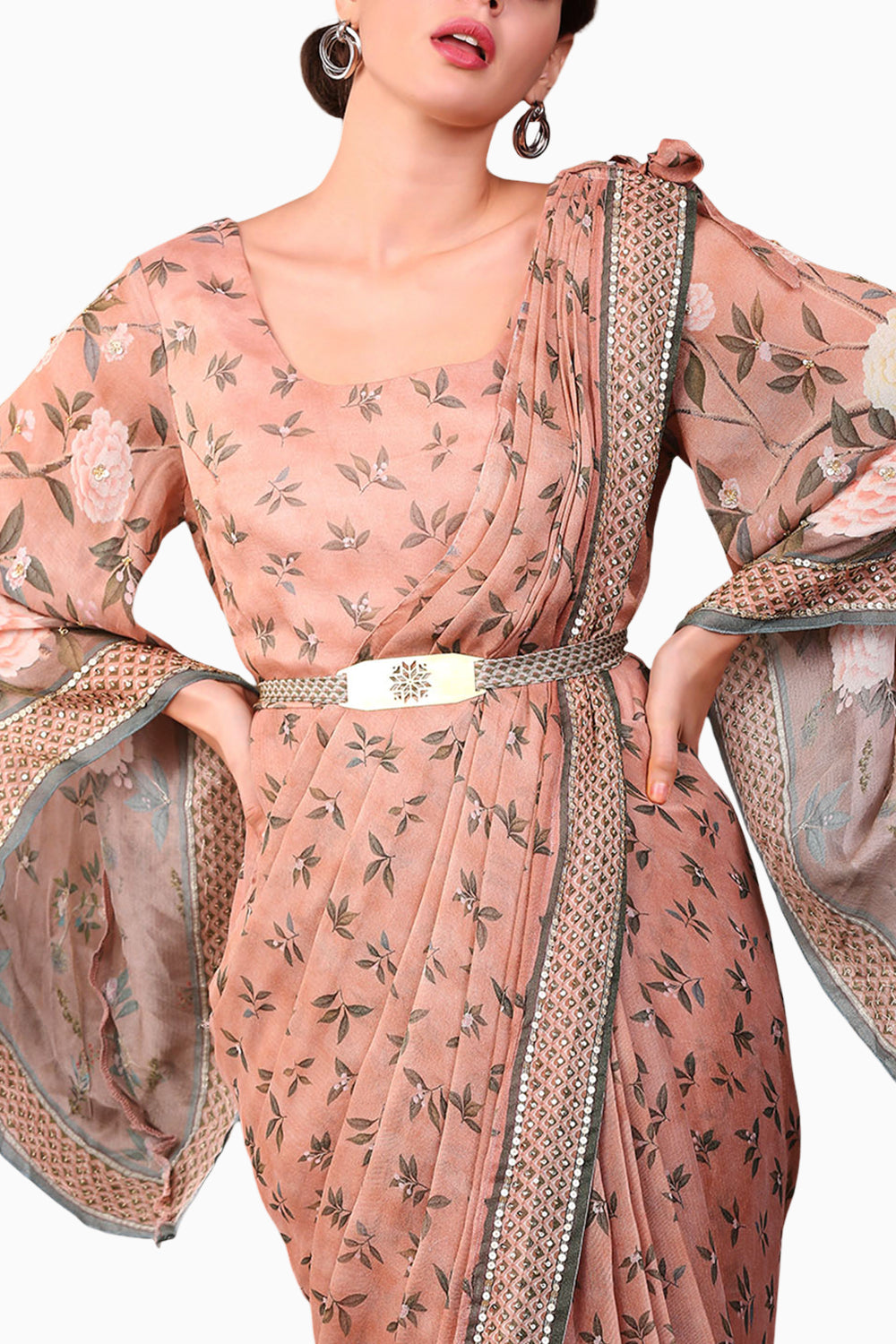 Vintage Trails Printed Pre-Stitched Peach Saree Dress With Metal Belt