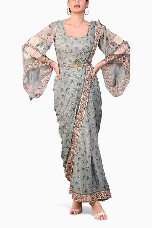 Vintage Trails Printed Pre-Stitched Saree Dress With Metal Belt